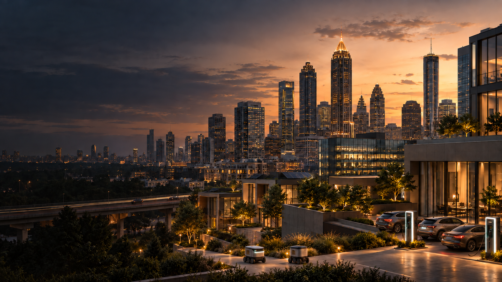 Atlanta skyline with advanced homes, sidewalk robots, and electric fleet vehicles at charging stations